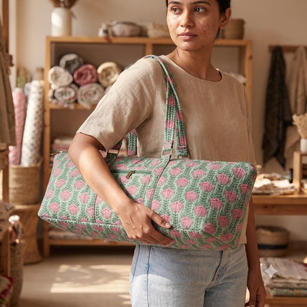 Green Floral Quilted Cotton Yoga Mat Bag, Handcrafted Duffle Weekend Travel Tote Carrier