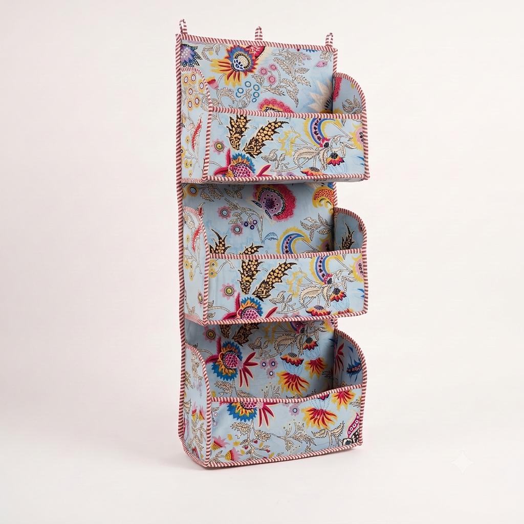 Blue Paisley Quilted Cotton Hanging Wall Organizer, Handcrafted Tiered Pocket Fabric Mail Hanger Storage