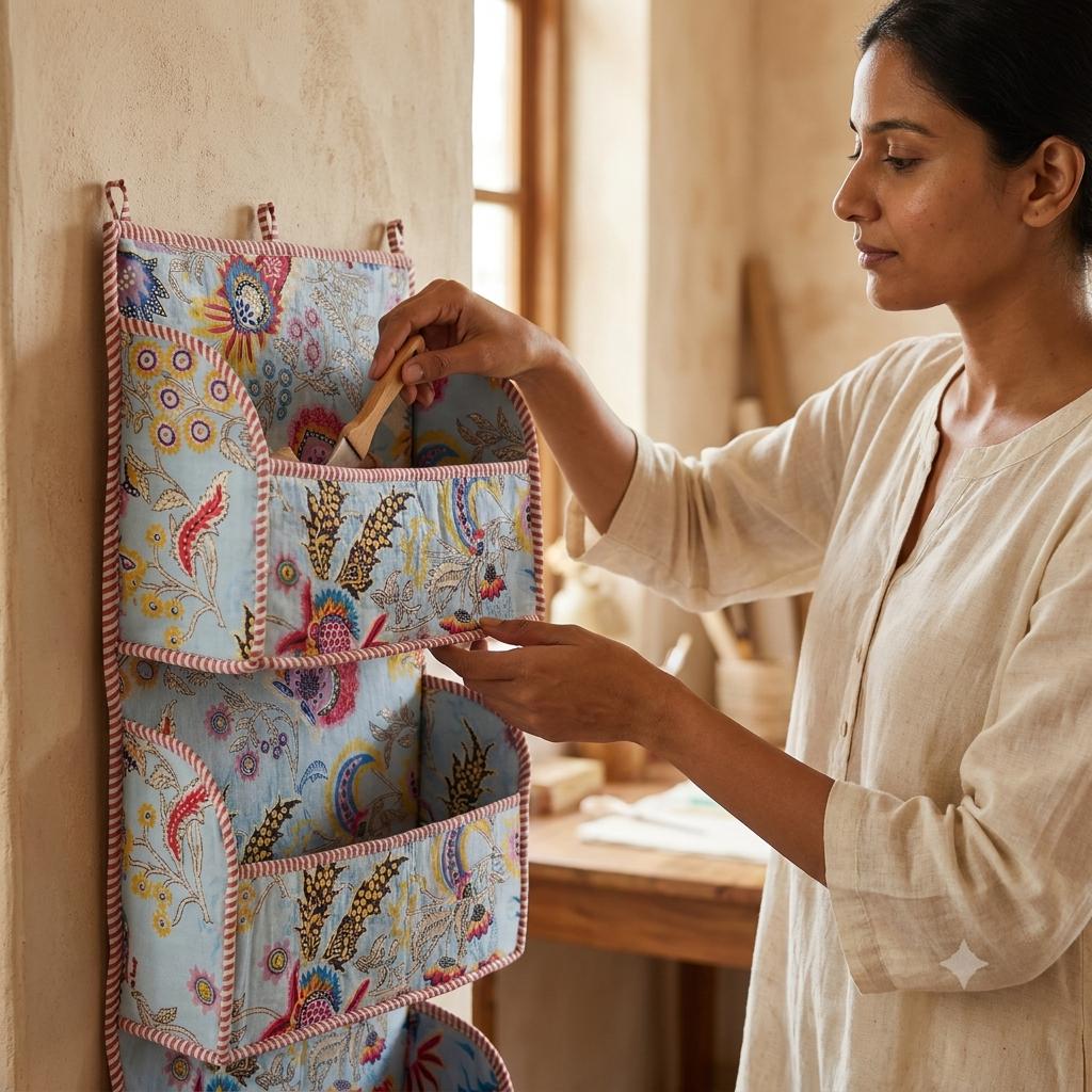 Blue Paisley Quilted Cotton Hanging Wall Organizer, Handcrafted Tiered Pocket Fabric Mail Hanger Storage