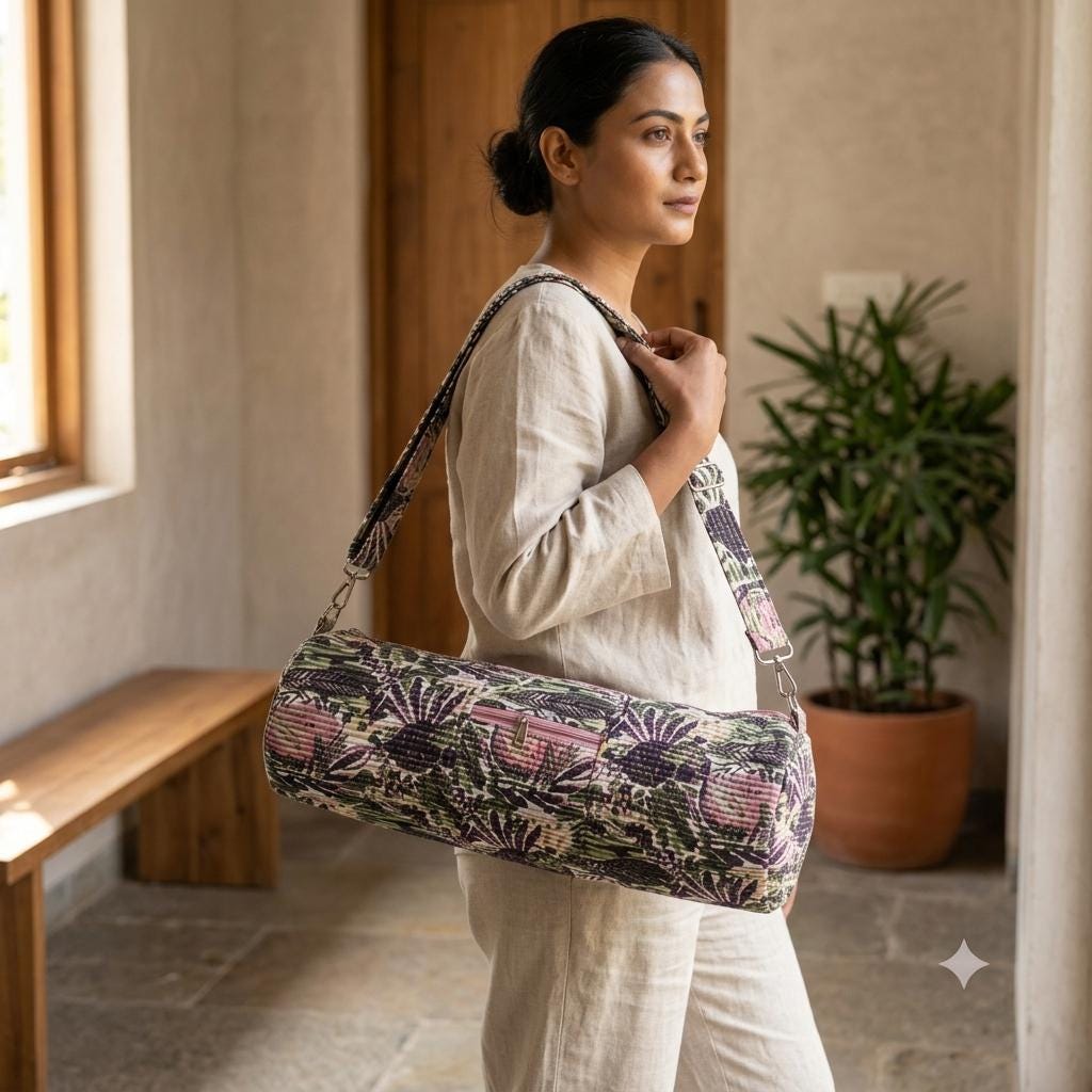 Cream Floral Quilted Cotton Yoga Mat Bag, Handcrafted Duffle Sling Shoulder Tote Carrier