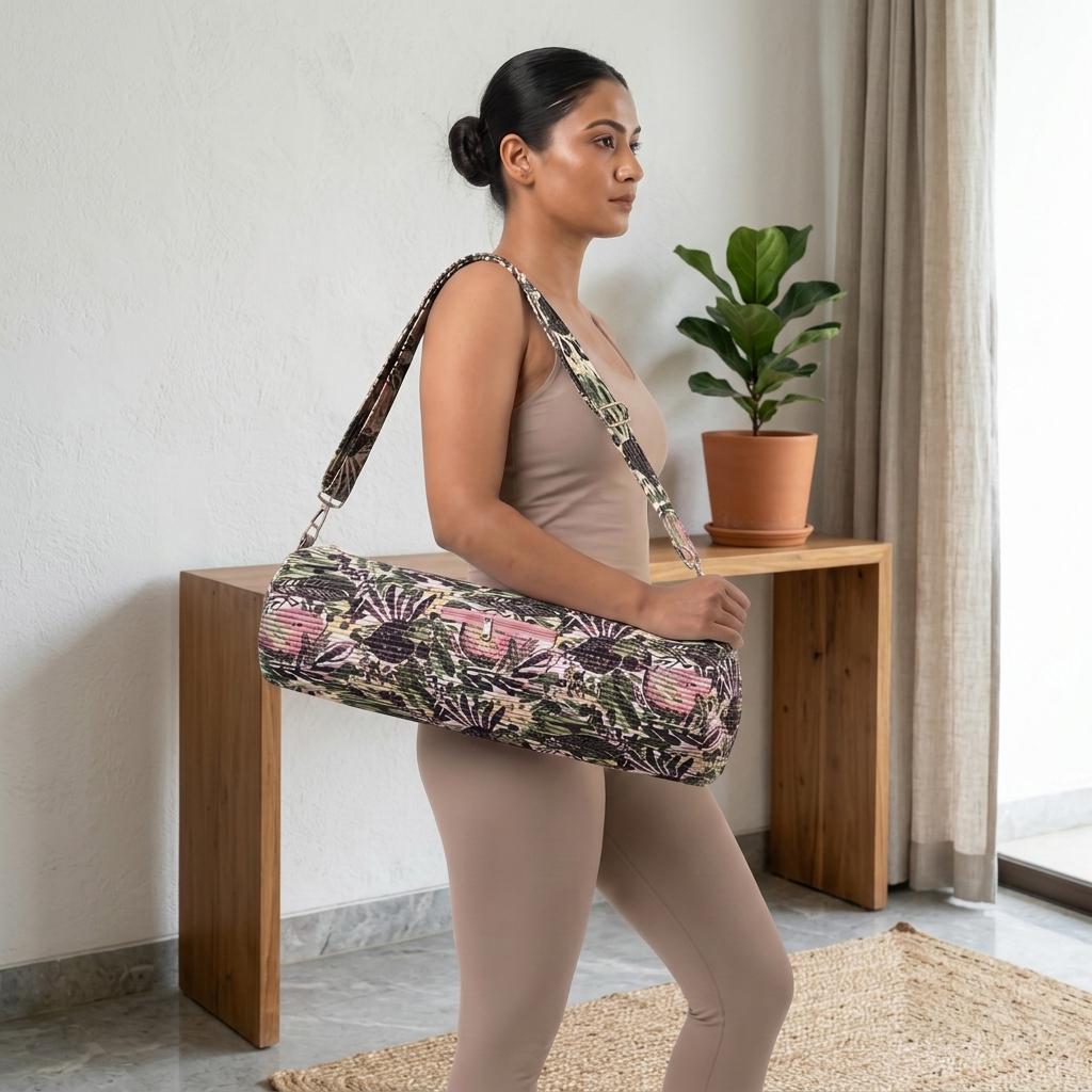 Cream Floral Quilted Cotton Yoga Mat Bag, Handcrafted Duffle Sling Shoulder Tote Carrier