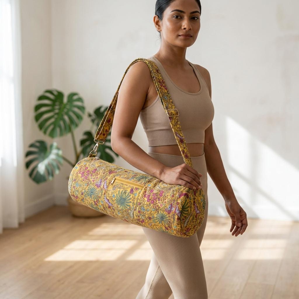 Handmade Yellow Floral Quilted Cotton Yoga Mat Bag Carrier Tote Sling Gym Travel Boho