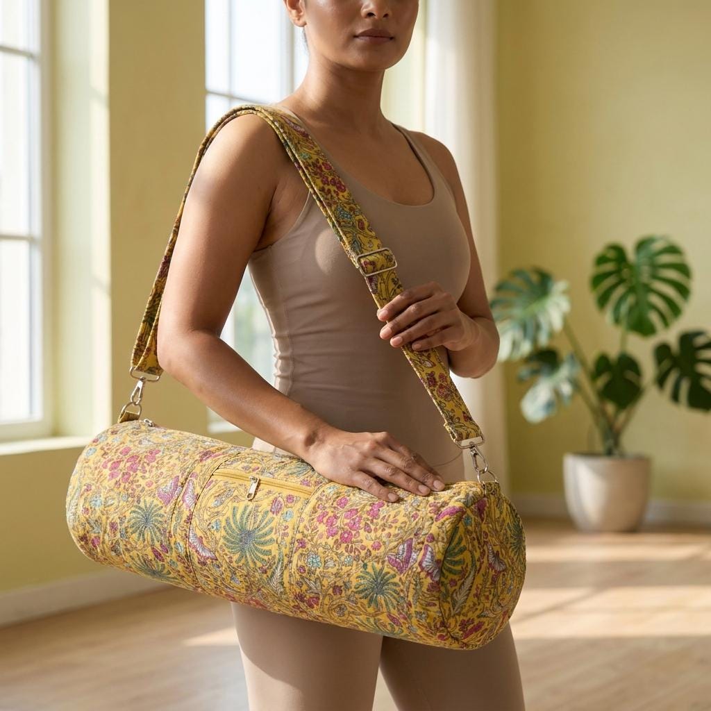 Handmade Yellow Floral Quilted Cotton Yoga Mat Bag Carrier Tote Sling Gym Travel Boho