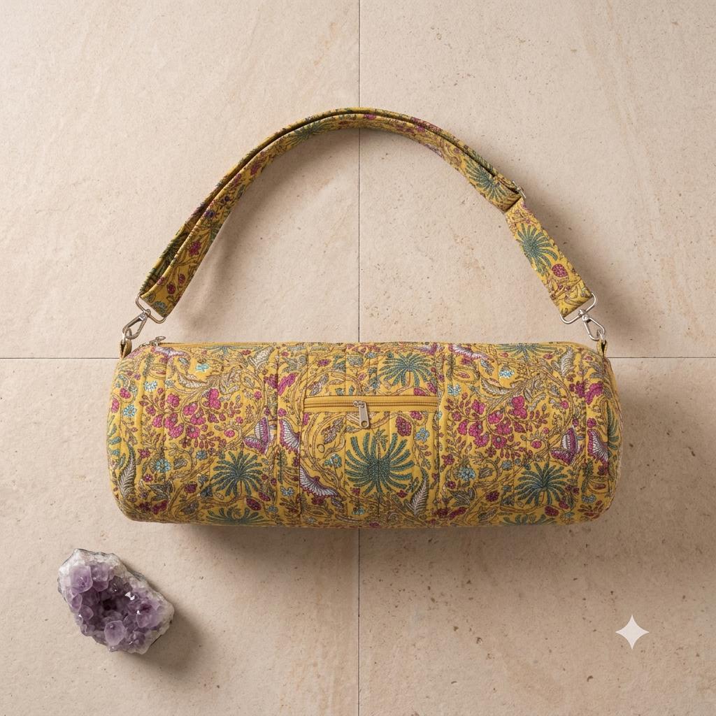 Handmade Yellow Floral Quilted Cotton Yoga Mat Bag Carrier Tote Sling Gym Travel Boho