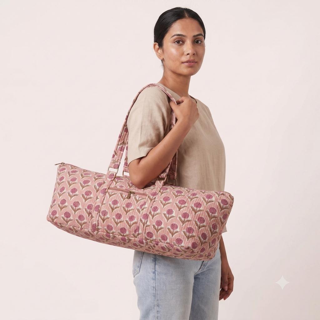 Handmade Pink Floral Quilted Cotton Yoga Mat Bag Carrier Tote Boho Gym Travel Duffle