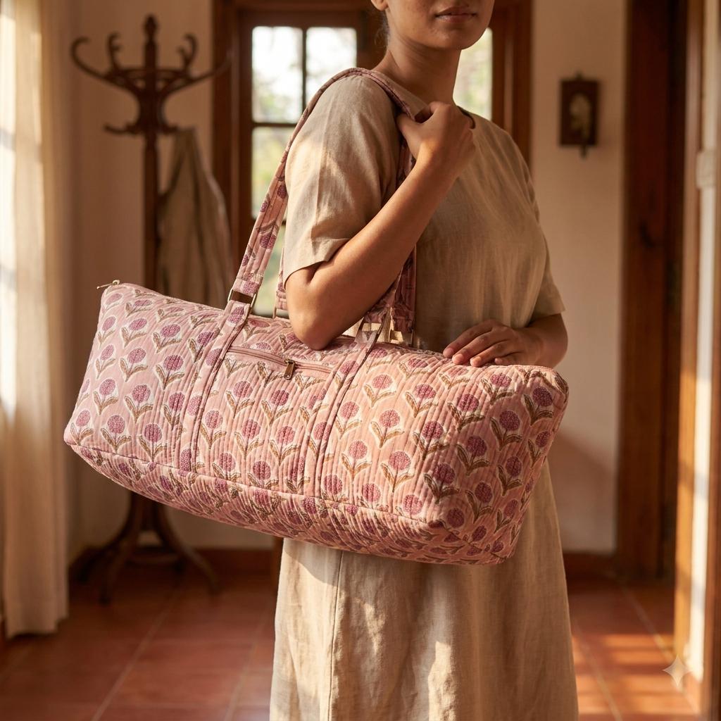 Handmade Pink Floral Quilted Cotton Yoga Mat Bag Carrier Tote Boho Gym Travel Duffle