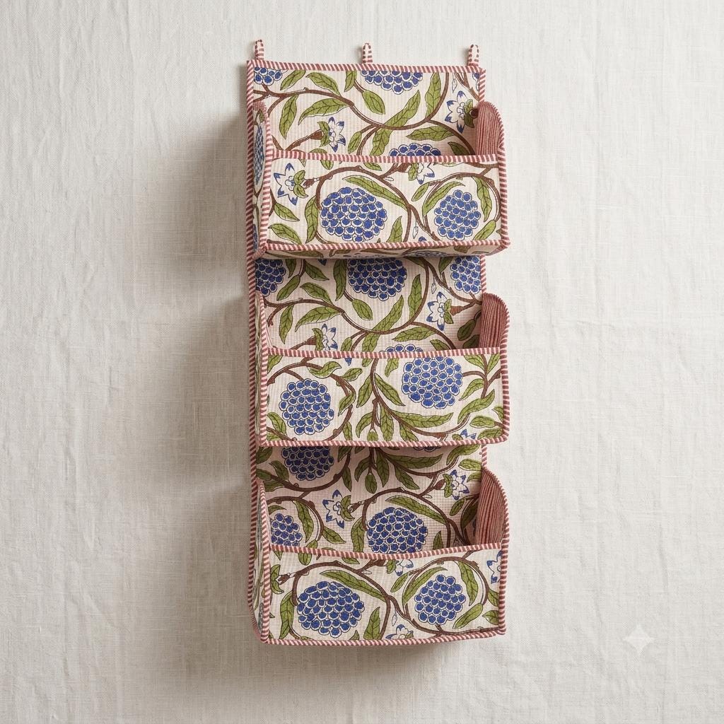 Blue Marigold Quilted Cotton Hanging Wall Organizer, Handcrafted Tiered Pocket Fabric Mail Hanger