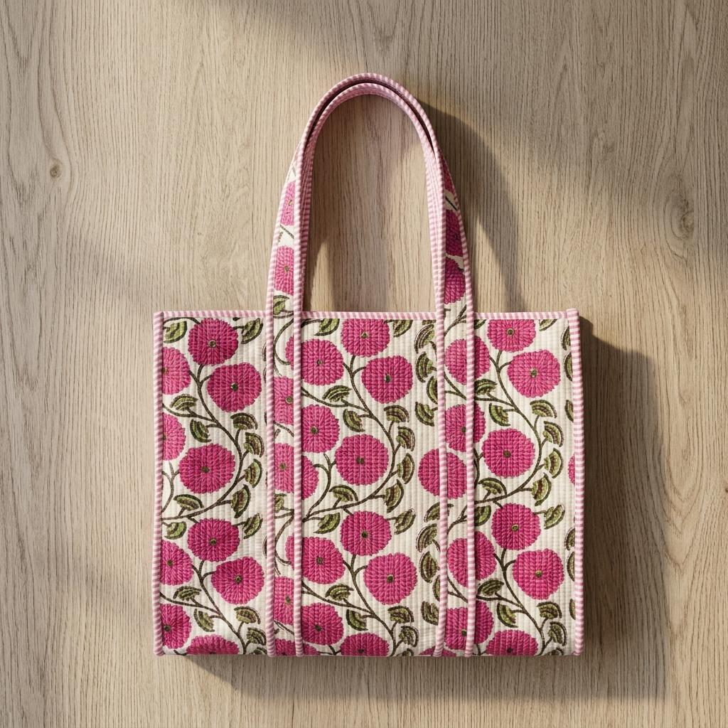White Pink Floral Quilted Cotton Tote Bag, Handcrafted Block Print Weekend Travel Purse
