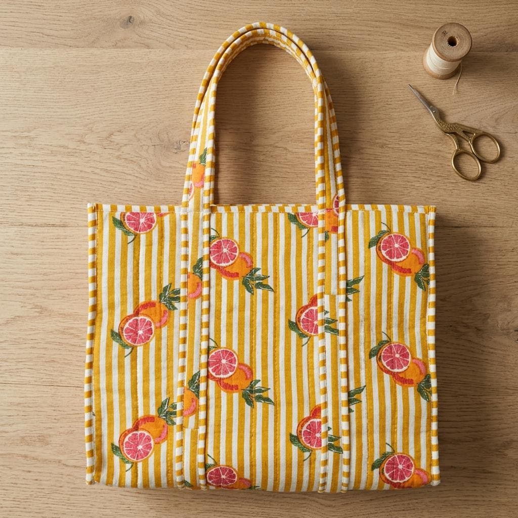 Yellow Striped Quilted Cotton Tote Bag, Handcrafted Block Print Weekend Travel Fruit Purse