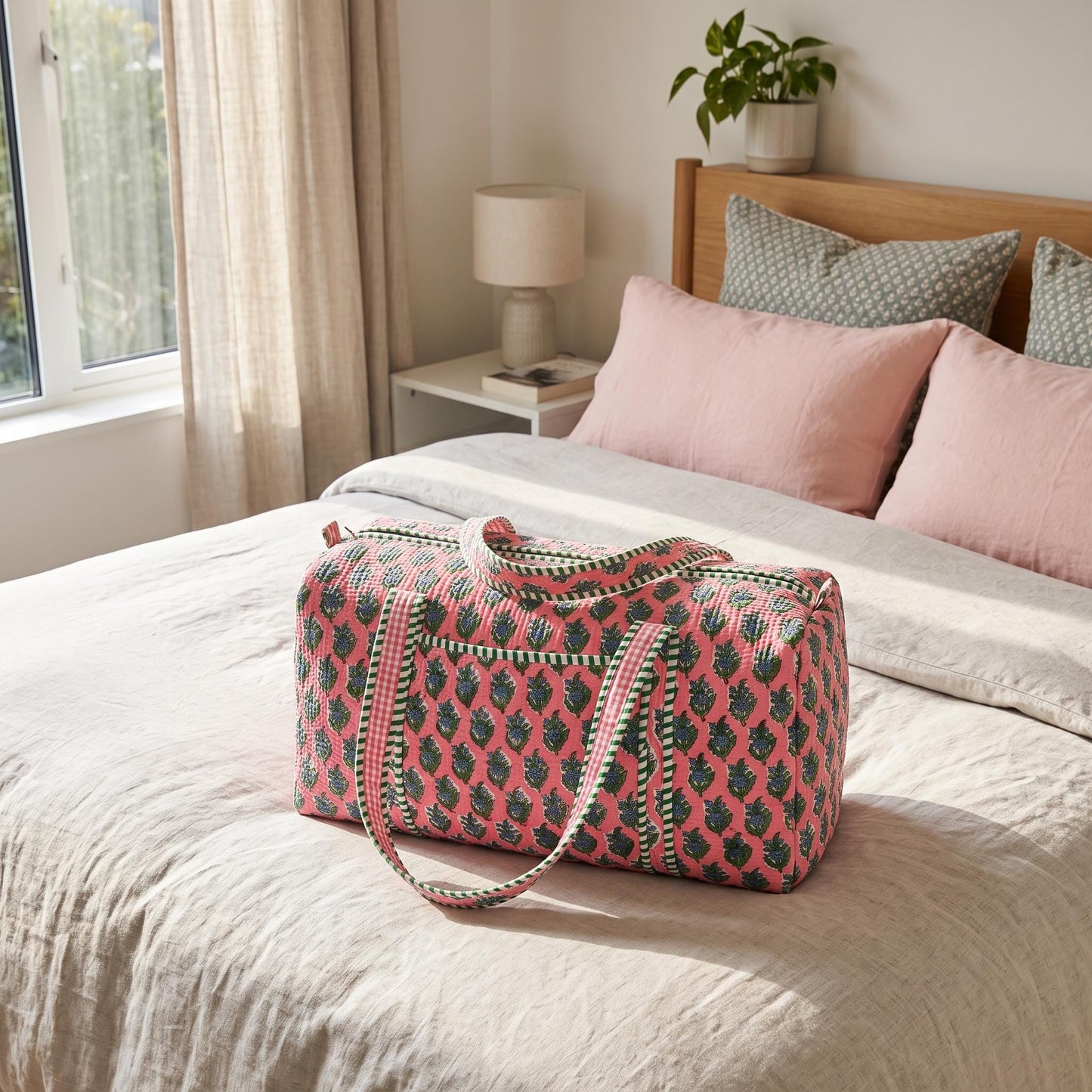 Pink Floral Quilted Cotton Duffle Travel Bag, Handcrafted Blue Flower Weekend Carry On Overnight