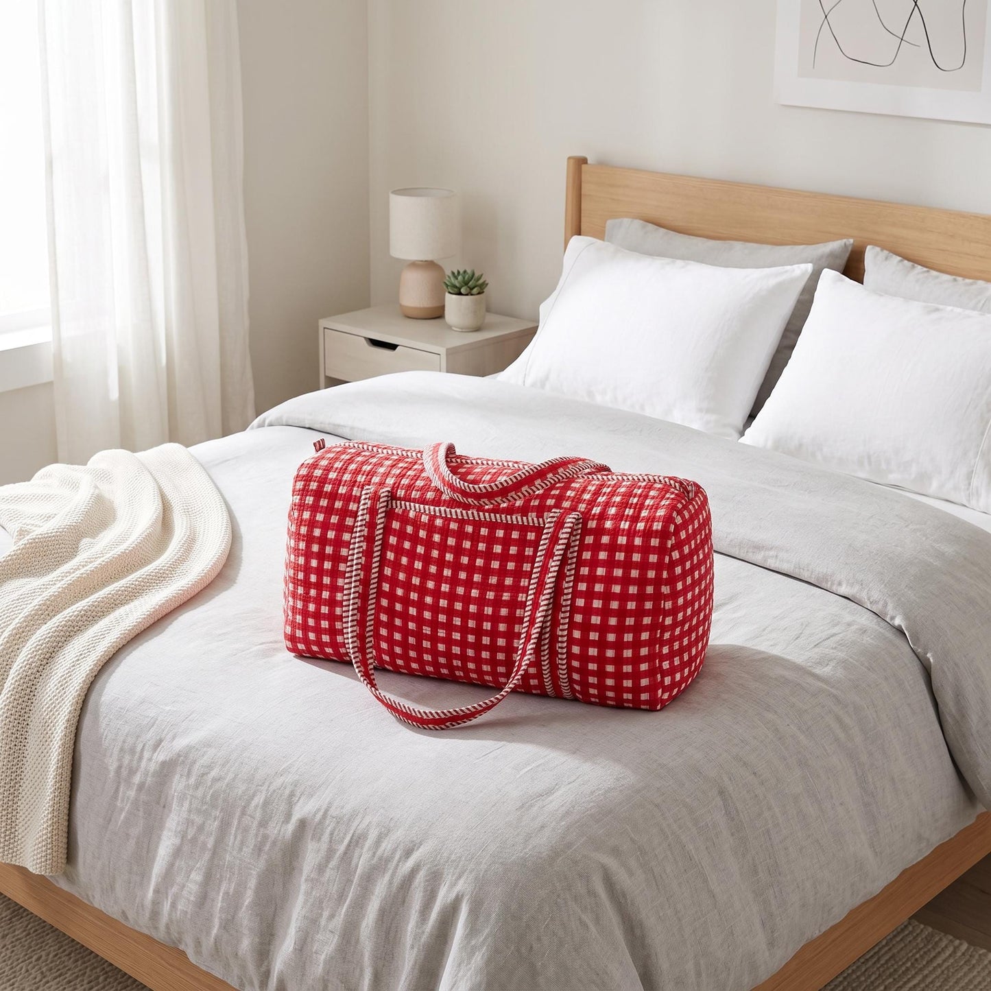 Red Gingham Quilted Cotton Duffle Travel Bag, Handcrafted Checkered Weekend Carry On Overnight