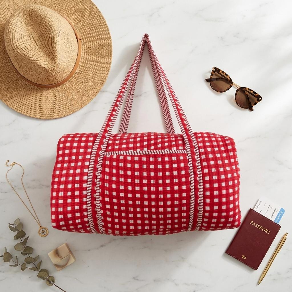 Red Gingham Quilted Cotton Duffle Travel Bag, Handcrafted Checkered Weekend Carry On Overnight