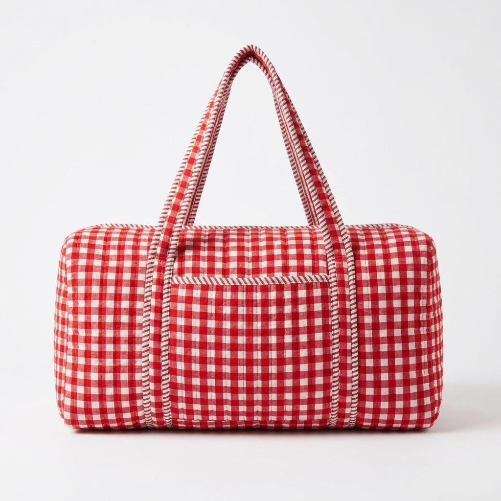 Red Gingham Quilted Cotton Duffle Travel Bag, Handcrafted Checkered Weekend Carry On Overnight