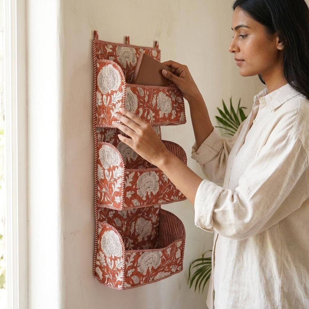Rust Red Quilted Cotton Hanging Wall Organizer, Handcrafted Terracotta Tiered Pocket Fabric Mail Hanger