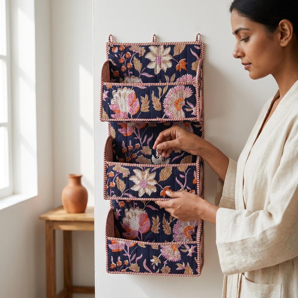 Indigo Floral Quilted Cotton Wall Hanging Organizer, Handcrafted Block Print Three Pocket Storage