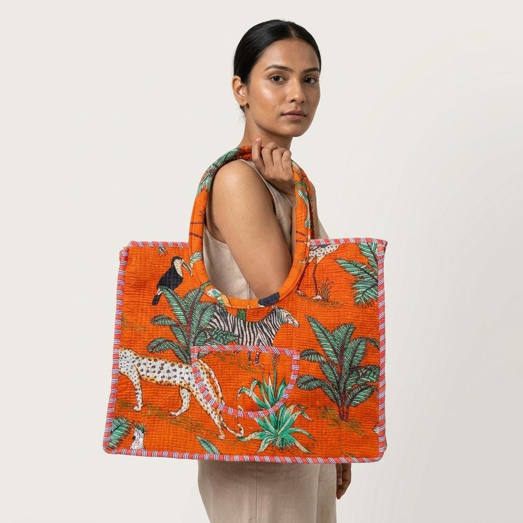 Orange Jungle Quilted Cotton Tote Bag, Handcrafted Safari Animal Large Shoulder Travel Carrier