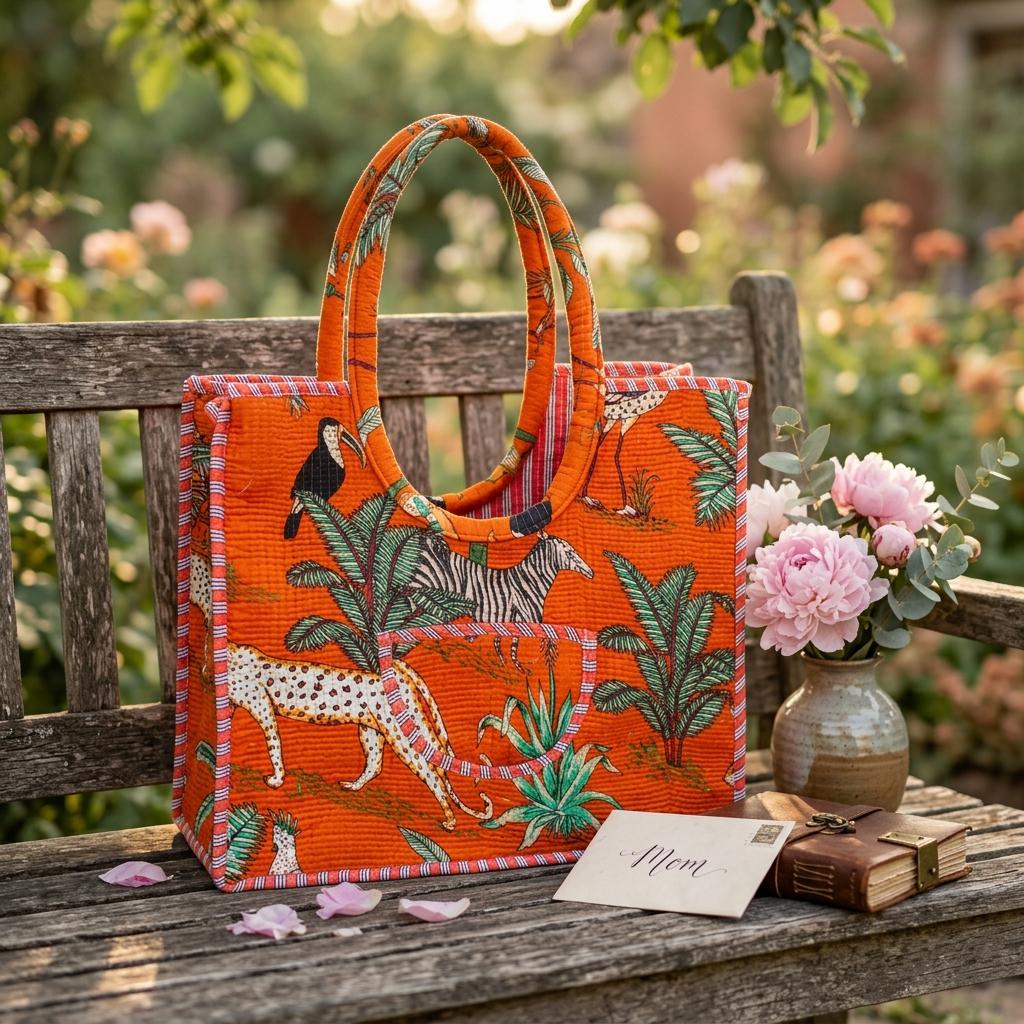 Orange Jungle Quilted Cotton Tote Bag, Handcrafted Safari Animal Large Shoulder Travel Carrier