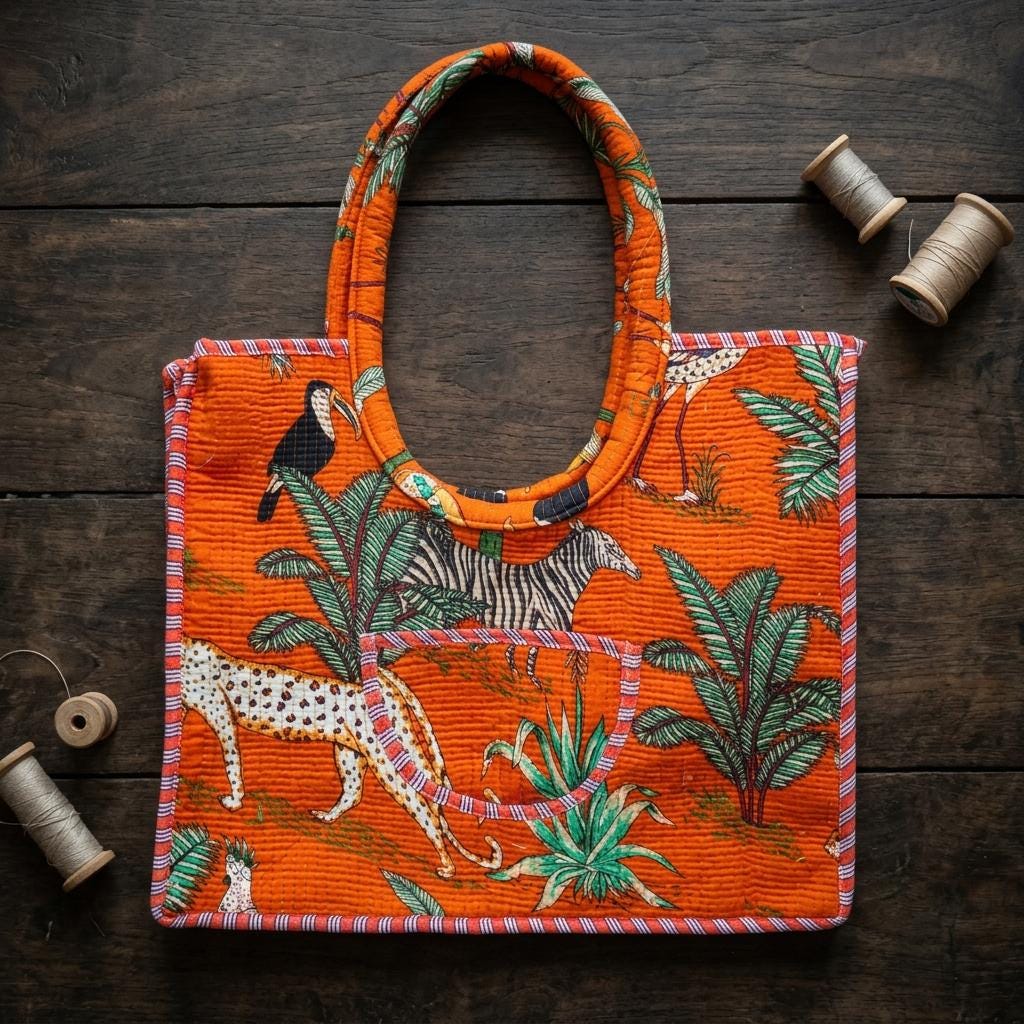 Orange Jungle Quilted Cotton Tote Bag, Handcrafted Safari Animal Large Shoulder Travel Carrier