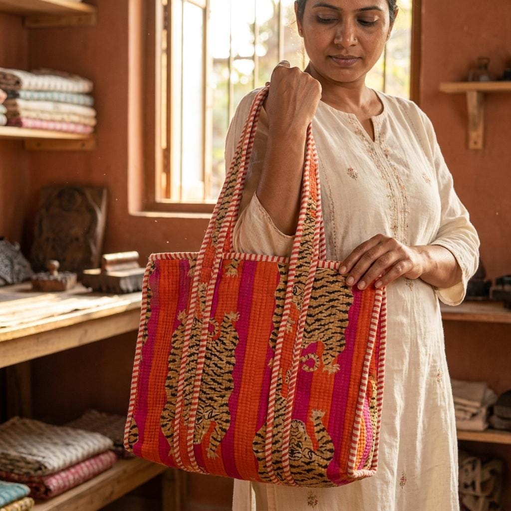 Orange Tiger Quilted Cotton Tote Bag, Handcrafted Striped Animal Large Shoulder Travel Carrier