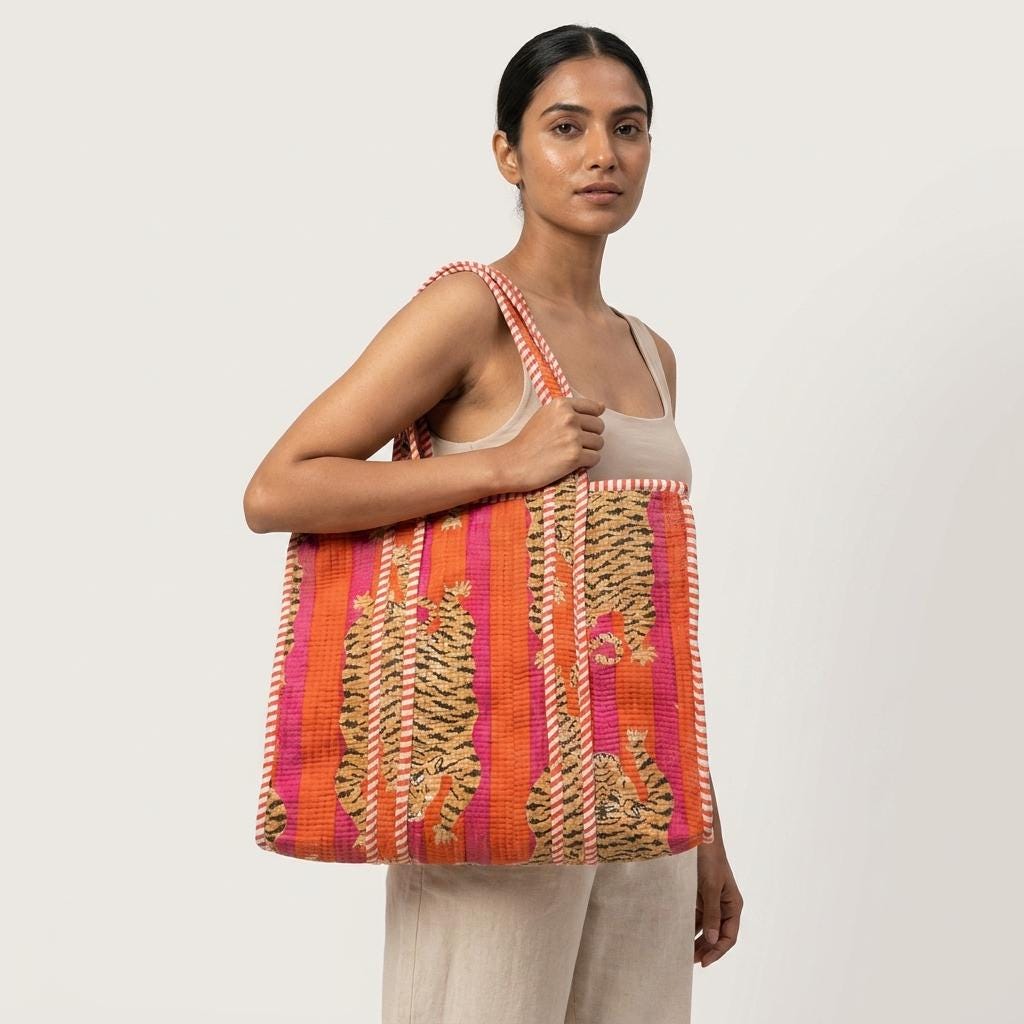 Orange Tiger Quilted Cotton Tote Bag, Handcrafted Striped Animal Large Shoulder Travel Carrier