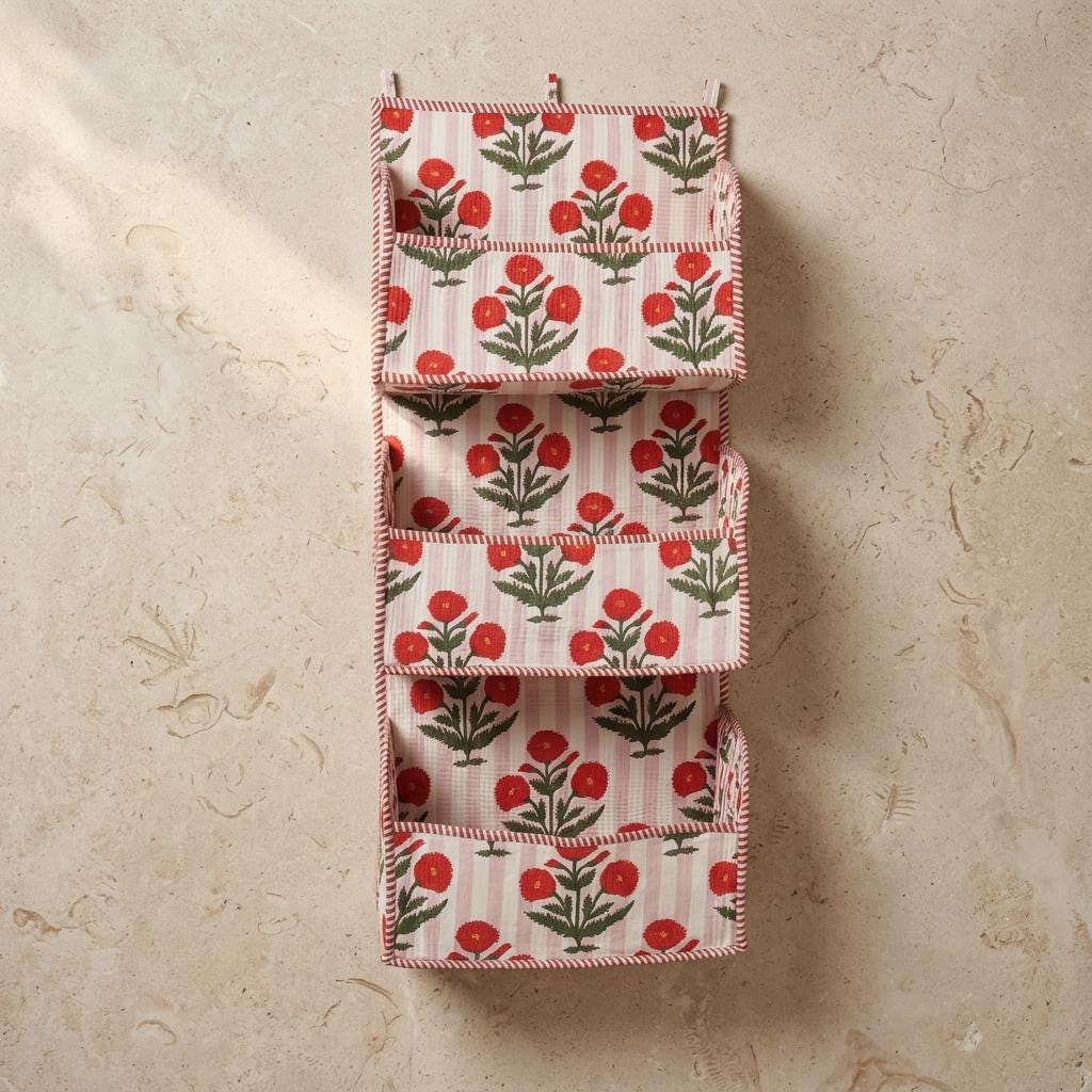 Red Flower Quilted Cotton Hanging Wall Organizer, Handcrafted Striped Tiered Pocket Mail Hanger