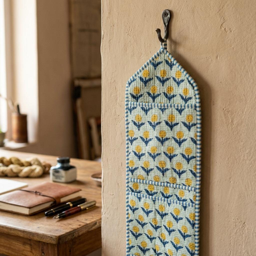 Quilted Yellow Floral Cotton Hanging Wall Organizer – Three Pocket Storage Mail Holder Boho Gift