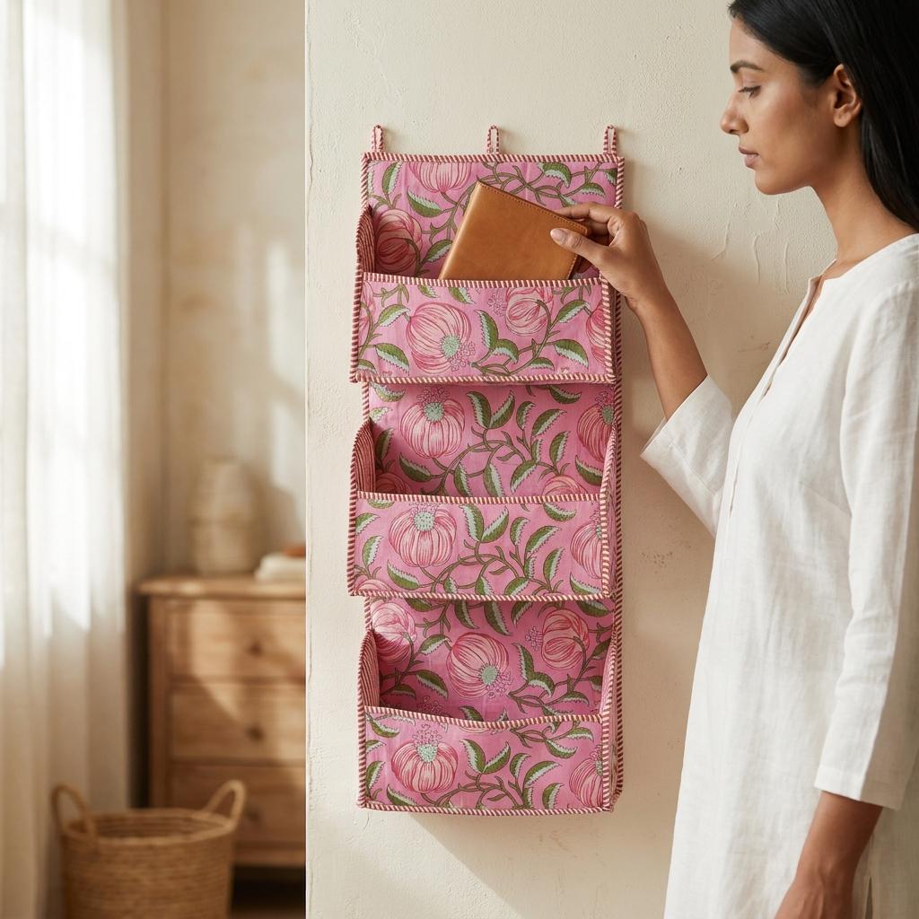 Pink Floral Quilted Cotton Wall Hanging Organizer, Handcrafted Block Print Three Pocket Storage