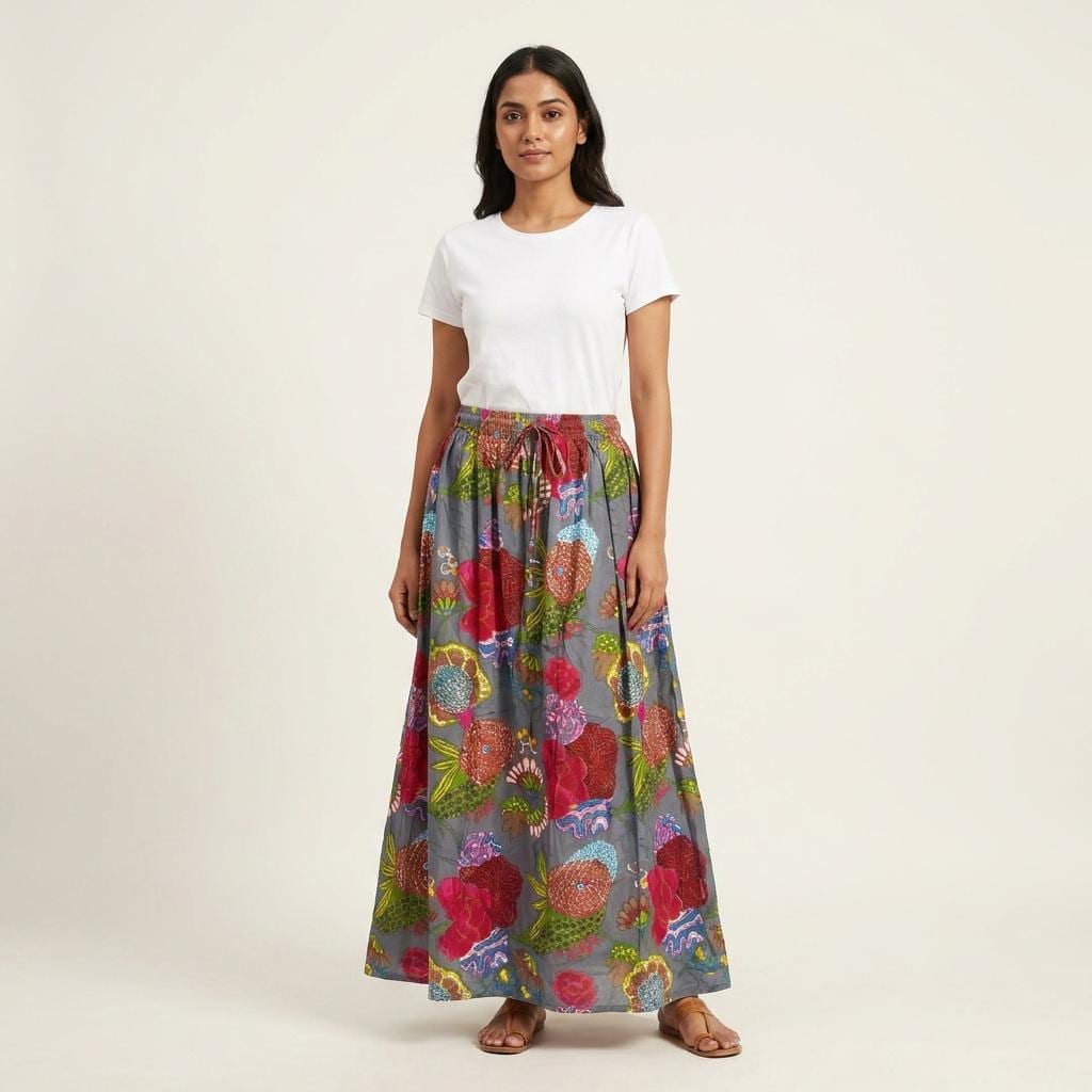 Grey Floral Cotton Maxi Skirt, Handcrafted Block Print Long Flared Summer Apparel Clothing