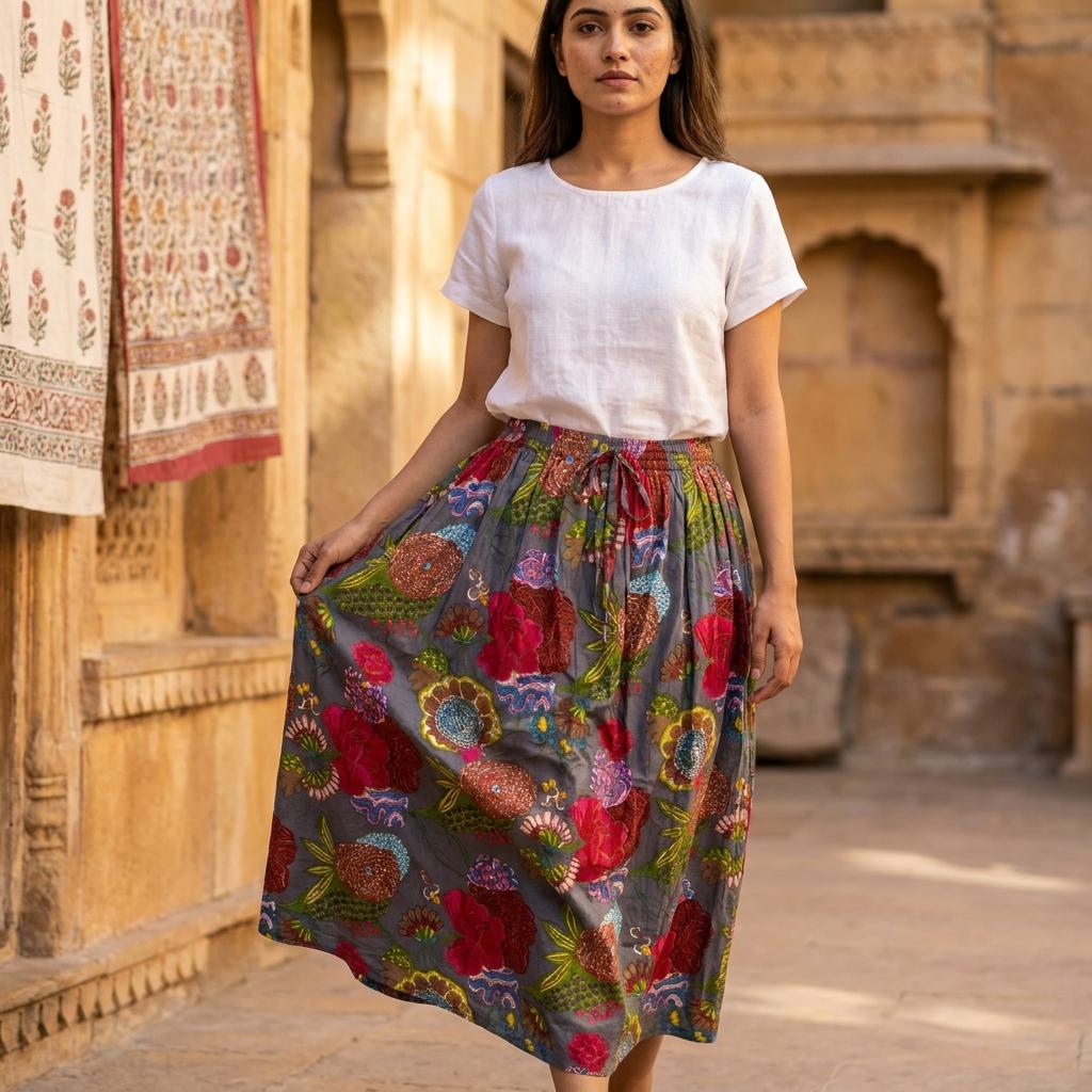 Grey Floral Cotton Maxi Skirt, Handcrafted Block Print Long Flared Summer Apparel Clothing