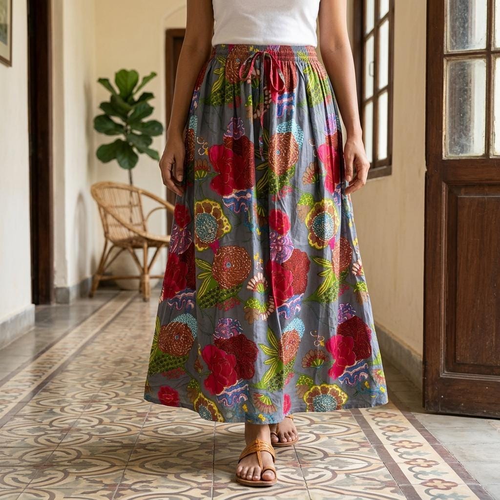 Grey Floral Cotton Maxi Skirt, Handcrafted Block Print Long Flared Summer Apparel Clothing