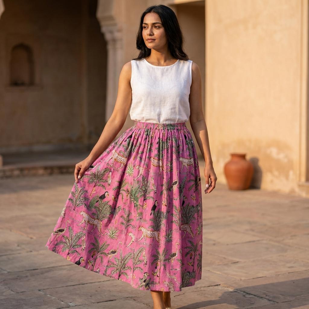 Pink Leopard Quilted Cotton Maxi Skirt, Handcrafted Floral Jungle Bohemian Long Travel Dress