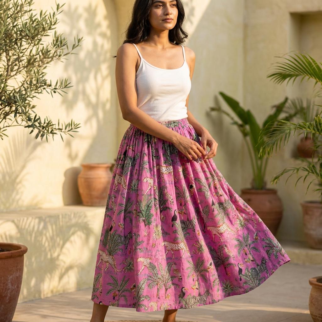 Pink Leopard Quilted Cotton Maxi Skirt, Handcrafted Floral Jungle Bohemian Long Travel Dress