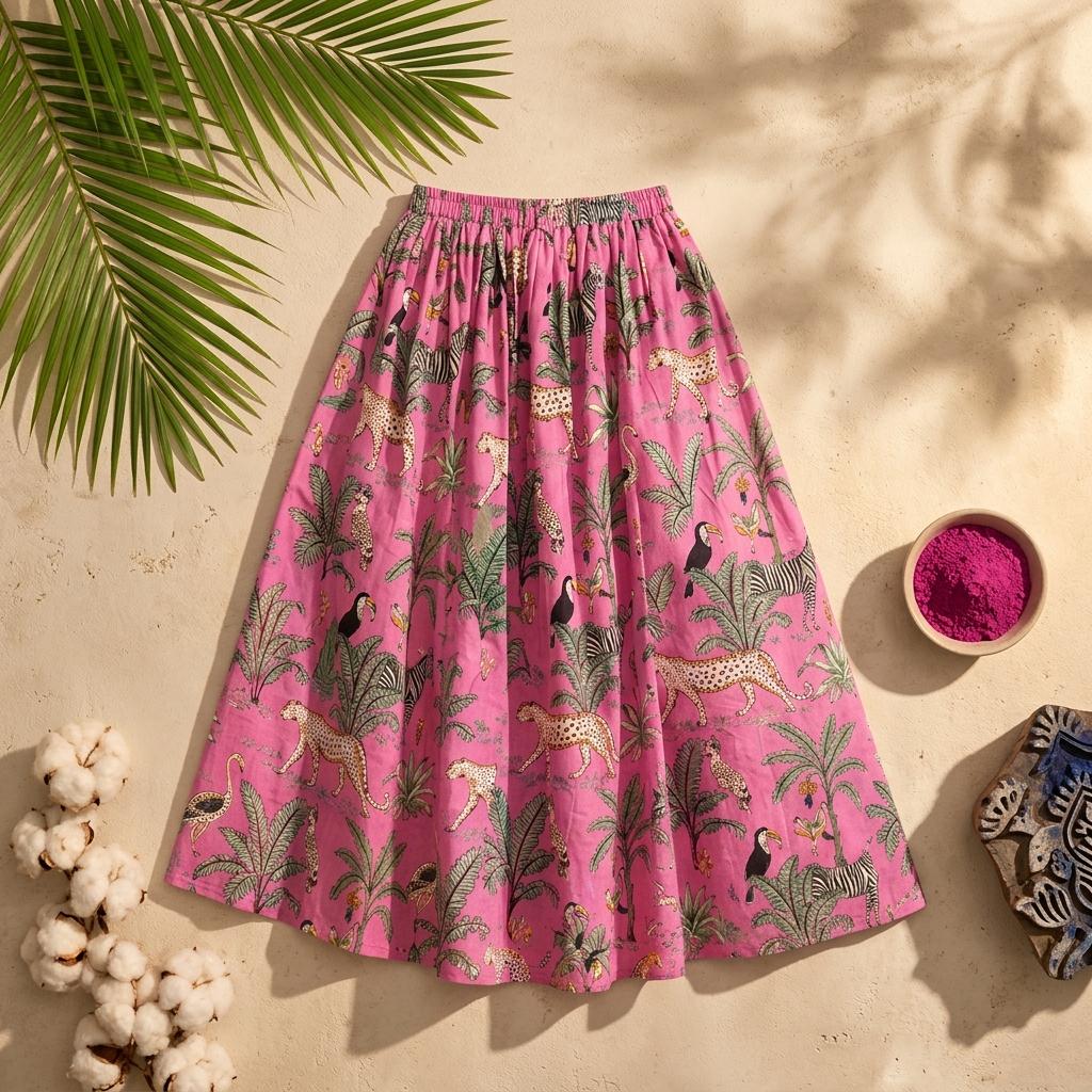Pink Leopard Quilted Cotton Maxi Skirt, Handcrafted Floral Jungle Bohemian Long Travel Dress