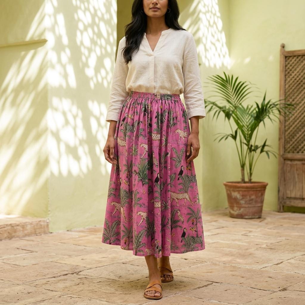 Pink Leopard Quilted Cotton Maxi Skirt, Handcrafted Floral Jungle Bohemian Long Travel Dress