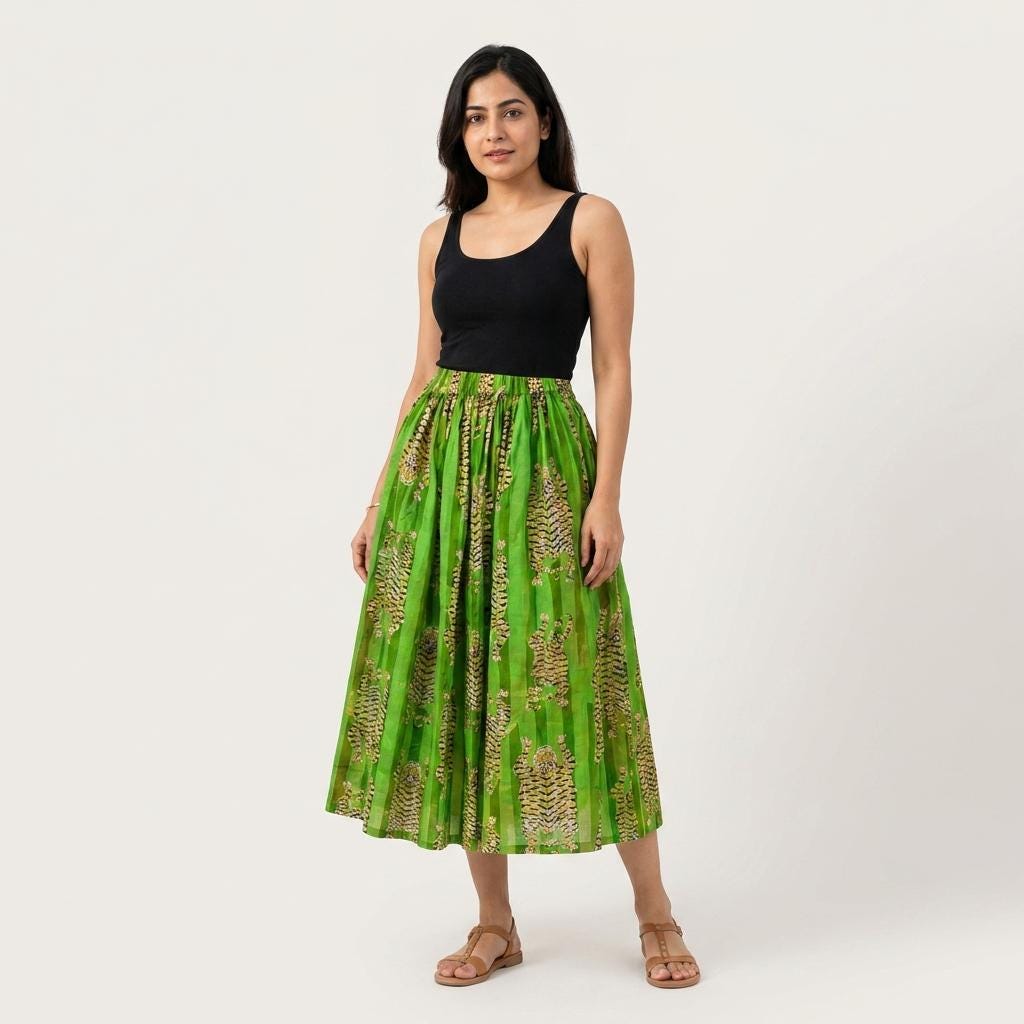 Green Tiger Cotton Maxi Skirt, Handcrafted Striped Pocket Bohemian Long Travel Summer Dress