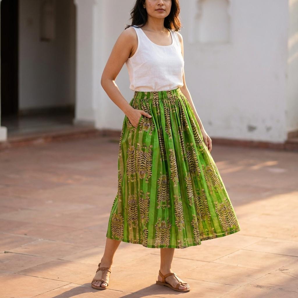 Green Tiger Cotton Maxi Skirt, Handcrafted Striped Pocket Bohemian Long Travel Summer Dress