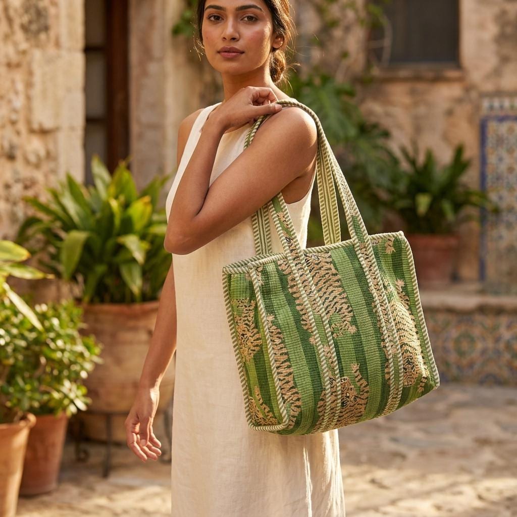Green Tiger Quilted Cotton Carryall, Striped Shopper, Weekend Tote, Everyday Shoulder Purse