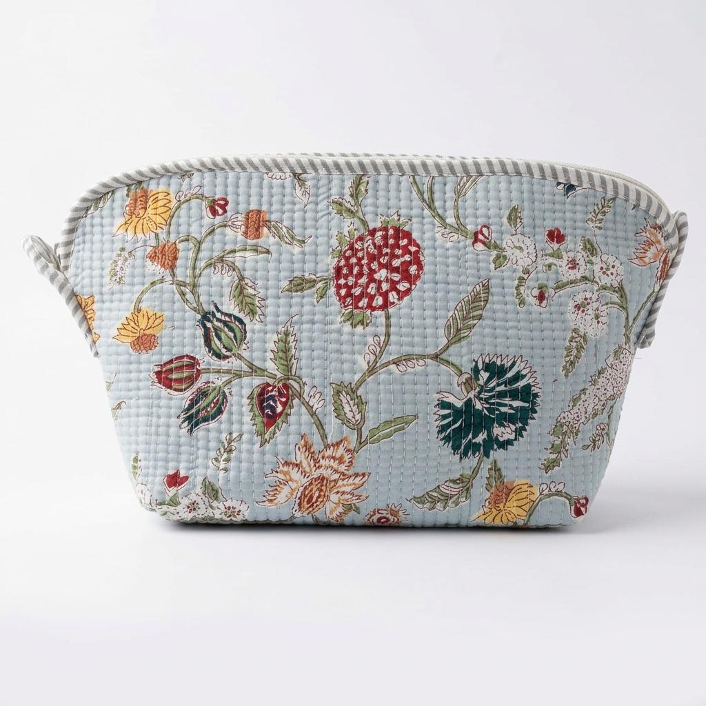 Blue Floral Quilted Cotton Cosmetic Pouch, Block Print Toiletry Organizer