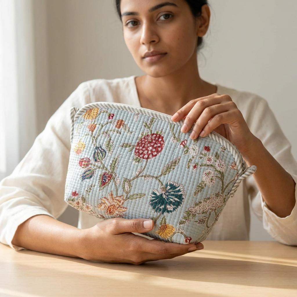 Blue Floral Quilted Cotton Cosmetic Pouch, Block Print Toiletry Organizer