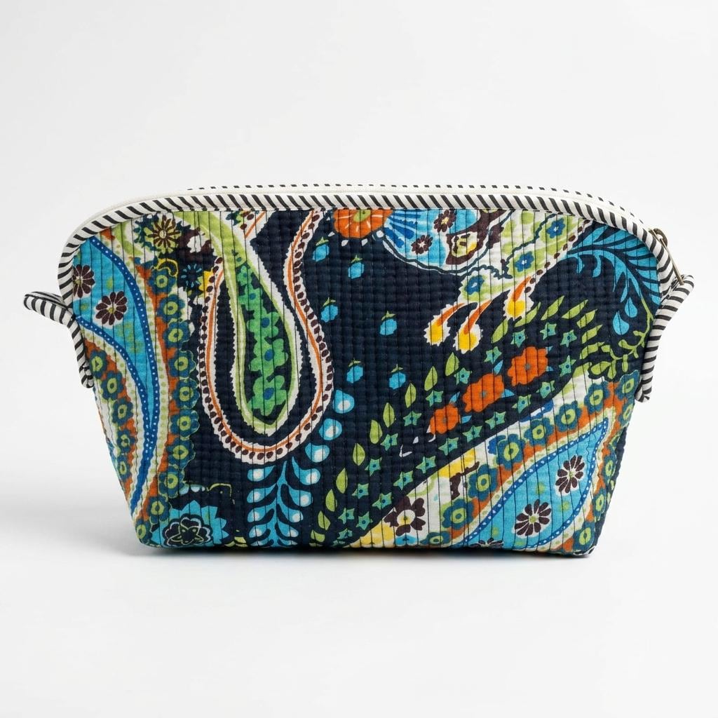 Black Paisley Quilted Cotton Cosmetic Pouch, Block Print Toiletry Organizer, Travel Makeup Case