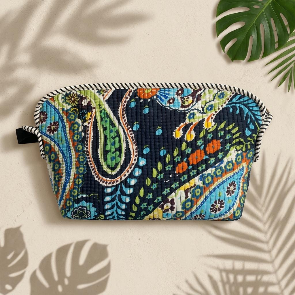 Black Paisley Quilted Cotton Cosmetic Pouch, Block Print Toiletry Organizer, Travel Makeup Case
