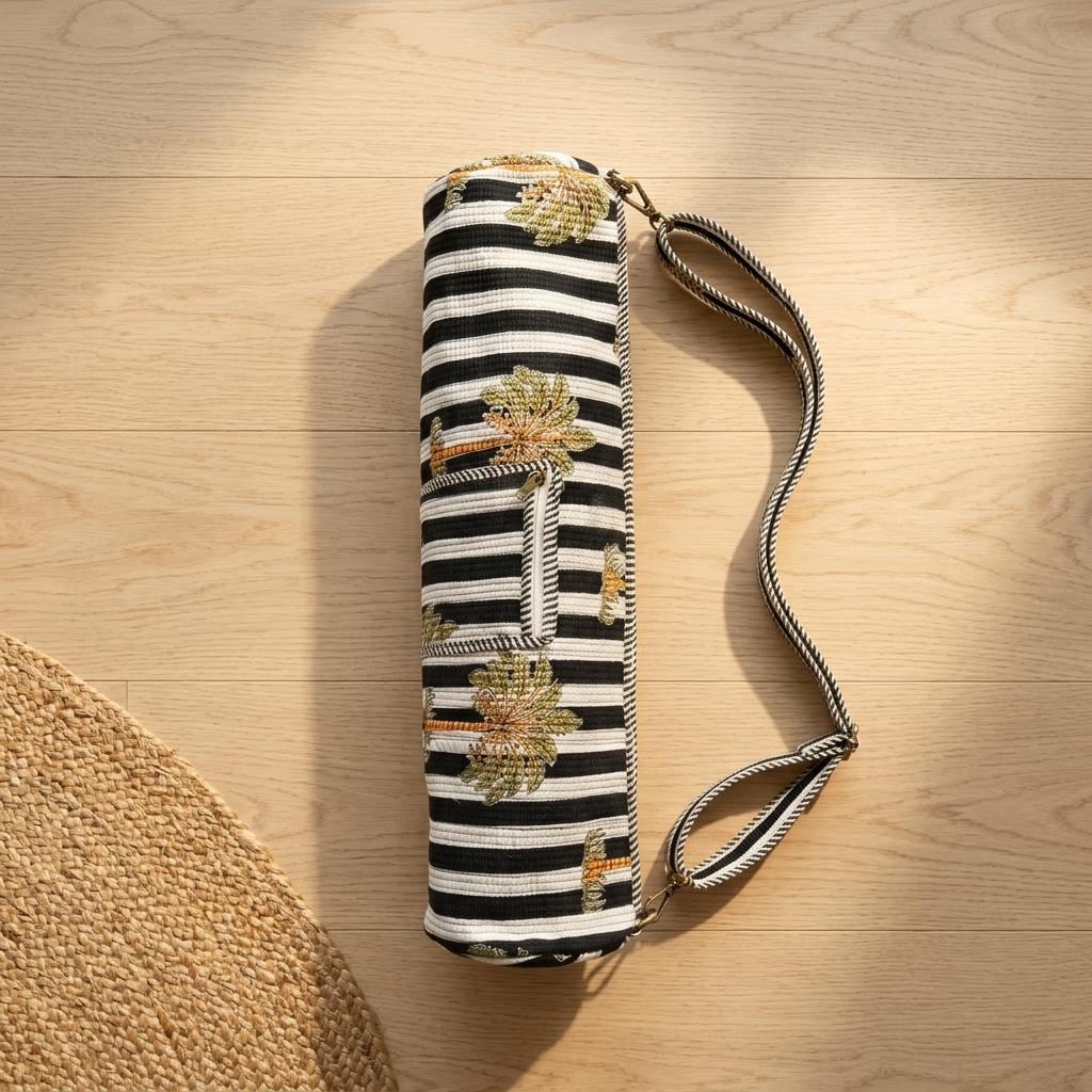 Black Striped Quilted Cotton Yoga Mat Carrier, Palm Tree Sling Bag