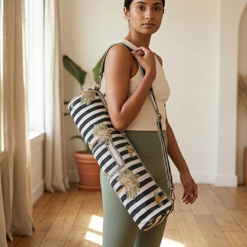 Black Striped Quilted Cotton Yoga Mat Carrier, Palm Tree Sling Bag