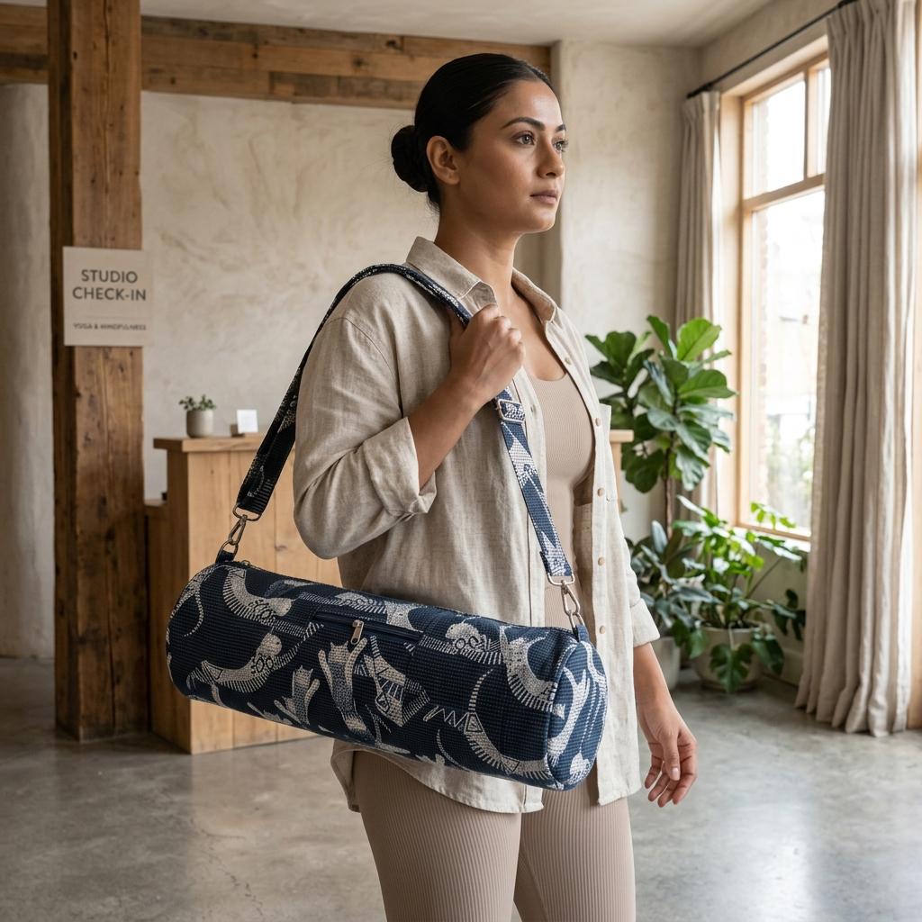Navy Blue Quilted Cotton Yoga Mat Holder Bag, Handcrafted Animal Printed Exercise Carrier