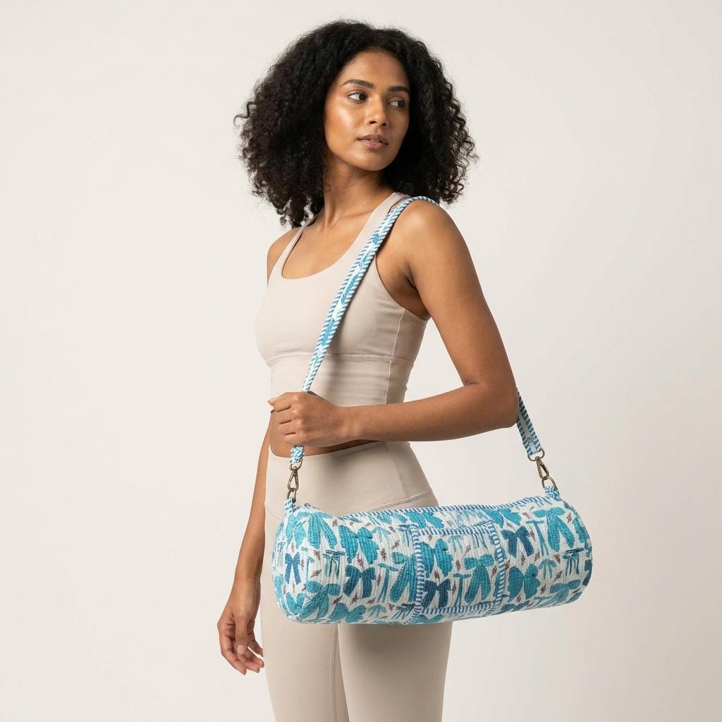 Quilted Cotton Blue Bow Print Yoga Mat Bag Handcrafted Crossbody Carrier Women