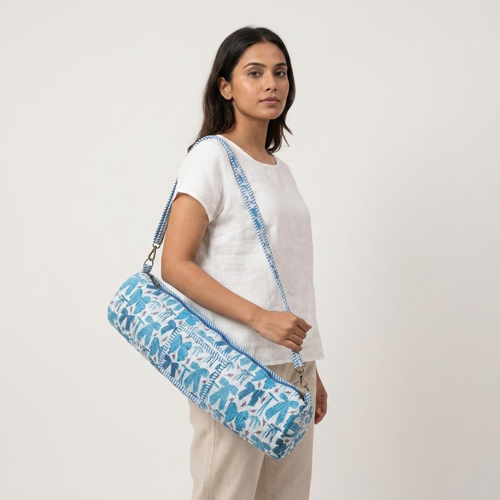 Quilted Cotton Blue Bow Print Yoga Mat Bag Handcrafted Crossbody Carrier Women
