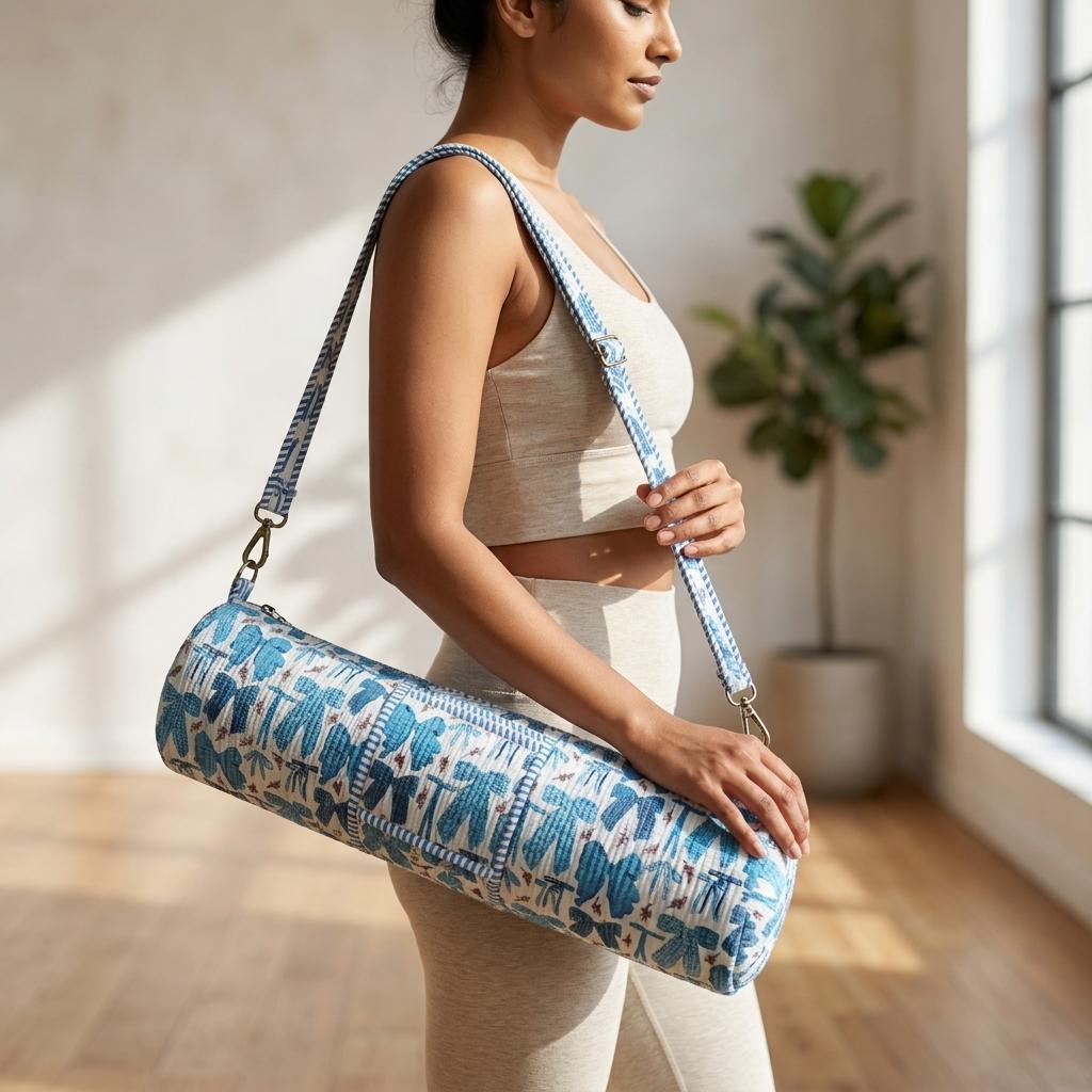 Quilted Cotton Blue Bow Print Yoga Mat Bag Handcrafted Crossbody Carrier Women