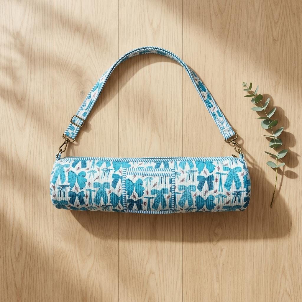 Quilted Cotton Blue Bow Print Yoga Mat Bag Handcrafted Crossbody Carrier Women