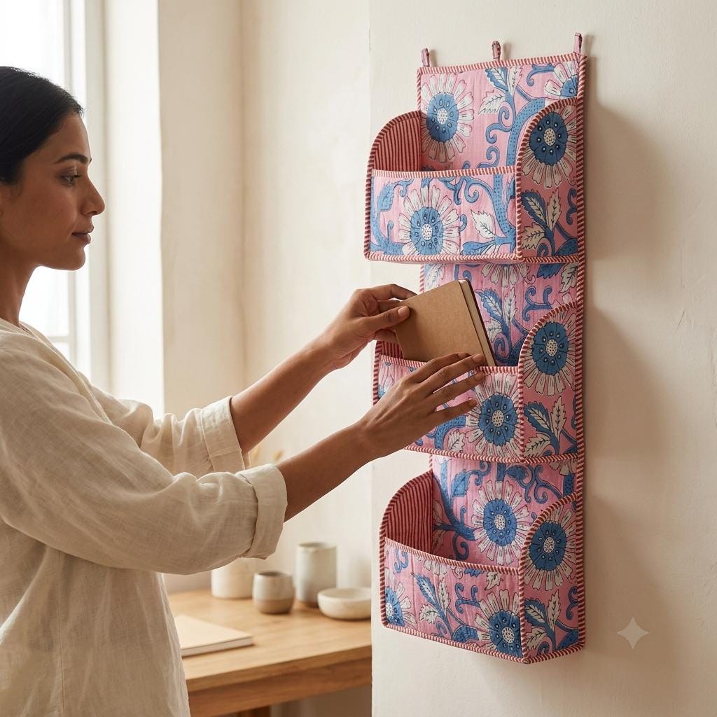 Pink Blue Floral Quilted Cotton Hanging Wall Organizer, Handcrafted Tiered Pocket Fabric Mail Storage