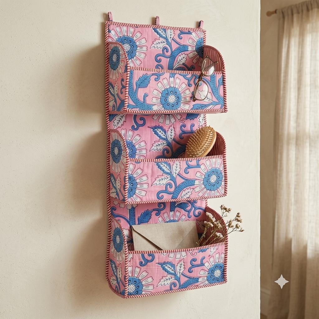Pink Blue Floral Quilted Cotton Hanging Wall Organizer, Handcrafted Tiered Pocket Fabric Mail Storage